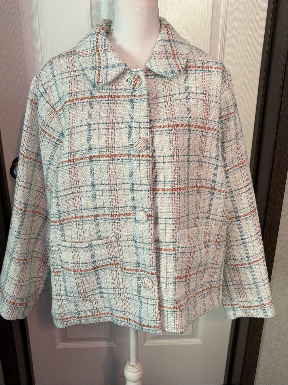 LC Lauren Conrad Cream Plaid Bouclé Jacket with Teal and Rust Trim